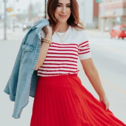 Striped Bottom Half Sleeve Knit Tee -Women's Clothing Store 0P1A1042