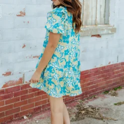 Sketched Floral Puff Sleeve Dress -Women's Clothing Store 0P1A1414