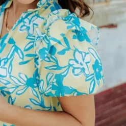 Sketched Floral Puff Sleeve Dress -Women's Clothing Store 0P1A1420