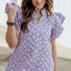 Embroidered Daisies Double Flutter Dress -Women's Clothing Store 0P1A1440