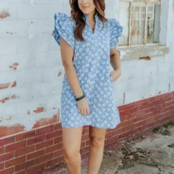 Embroidered Daisies Double Flutter Dress -Women's Clothing Store 0P1A1461