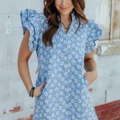 Embroidered Daisies Double Flutter Dress -Women's Clothing Store 0P1A1464