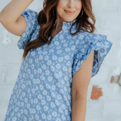 Embroidered Daisies Double Flutter Dress -Women's Clothing Store 0P1A1468