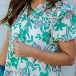 Sketched Floral Puff Sleeve Dress -Women's Clothing Store 0P1A1550