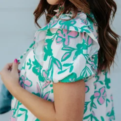 Sketched Floral Puff Sleeve Dress -Women's Clothing Store 0P1A1552