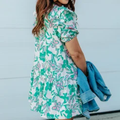 Sketched Floral Puff Sleeve Dress -Women's Clothing Store 0P1A1558