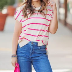 Striped Side Slit Knit Tee -Women's Clothing Store 225A3260