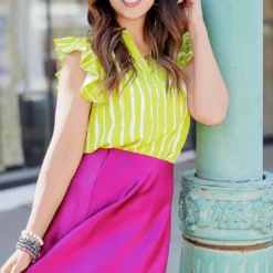 Painted Stripes Flutter Trim Blouse