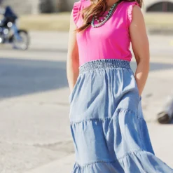 Tiered Denim Midi Skirt -Women's Clothing Store 225A3836