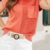 Mixed Knits Pocket Accented Short Sleeve Sweater