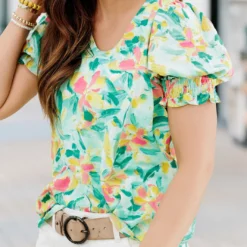 Brush Stroke Puff Sleeve Blouse -Women's Clothing Store 225A7242