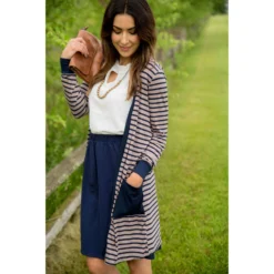 Solid Accent Striped Tunic Cardigan -Women's Clothing Store BB 0091