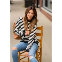 Stripe Solid Trimmed Sweatshirt -Women's Clothing Store BB 0223 41b96a36 035a 46b0 a438 cbf8ae1568c8