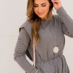 Striped Ruffle Accented Long Sleeve Dress -Women's Clothing Store BB 0434 117510e0 509c 4451 be98 f9c257c40fa4 489529