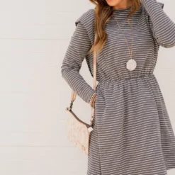 Striped Ruffle Accented Long Sleeve Dress -Women's Clothing Store BB 0449 897fcede f420 47b9 9ce3 2c1381b088a1 871615