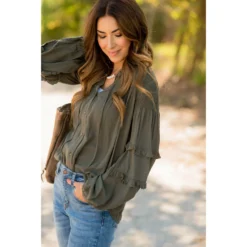 Cinched Top Ruffle Button Up -Women's Clothing Store BB 0535 93f0ced6 c91e 4832 a1ad 30c8b426618c