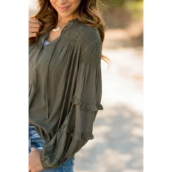 Cinched Top Ruffle Button Up -Women's Clothing Store BB 0542