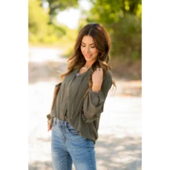 Cinched Top Ruffle Button Up -Women's Clothing Store BB 0558 d2175e29 749a 4032 996c 90f78c8d5cb1