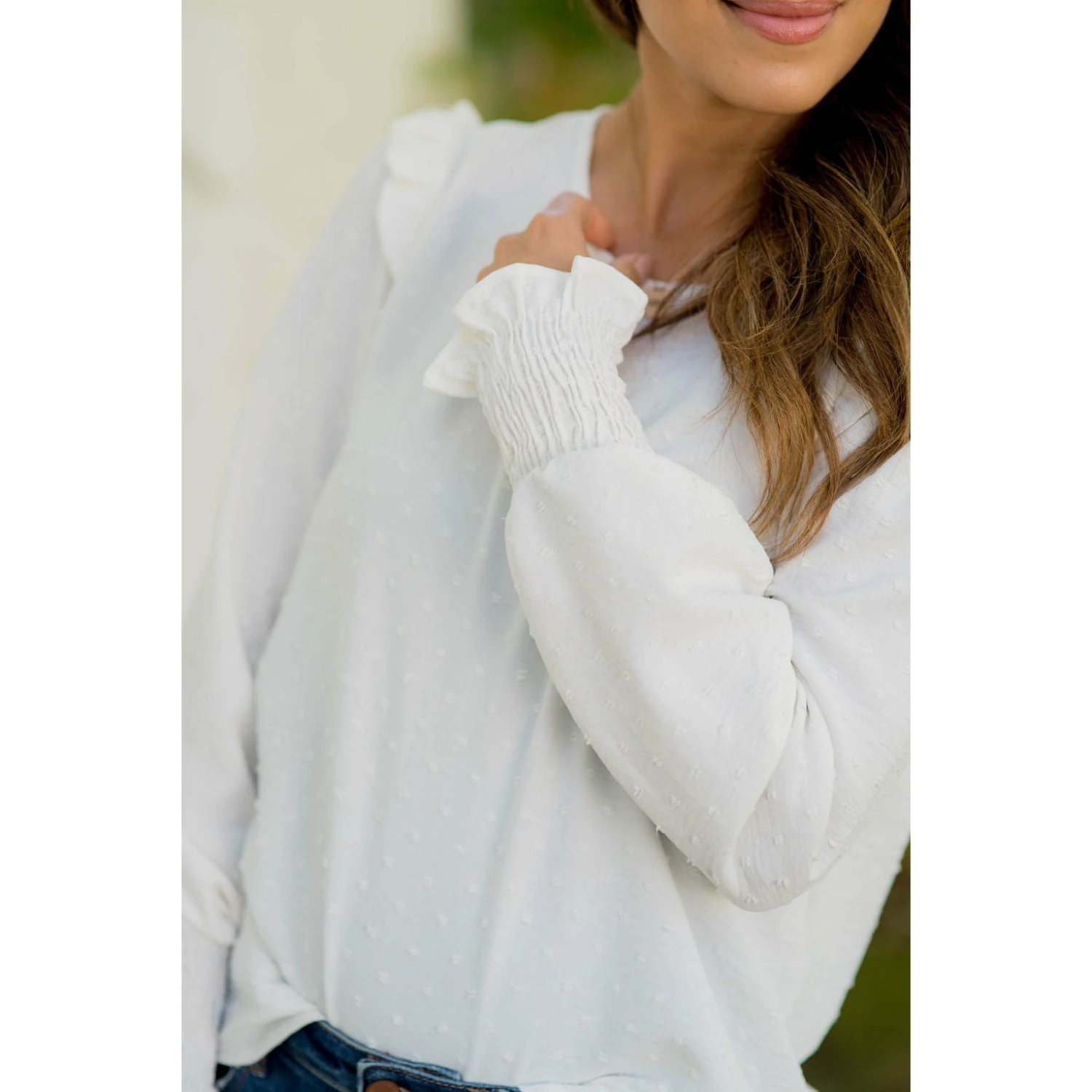 Swiss Dotted Ruffle Shoulder Blouse 7 Swiss Dotted Ruffle Shoulder Blouse - Image 7