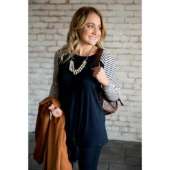 Front Knot Striped Sleeve Baseball Tee -Women's Clothing Store BB 0709