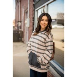 Solid Accent Striped Hoodie 9 Solid Accent Striped Hoodie -Women's Clothing Store BB 0764