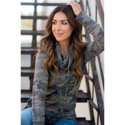 Camo Cowl Neck Pocket Sweatshirt -Women's Clothing Store BB 0791