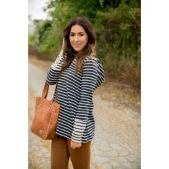 Mixed Striped Button Sleeve Hoodie -Women's Clothing Store BB 0825