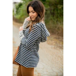 Mixed Striped Button Sleeve Hoodie -Women's Clothing Store BB 0837 1