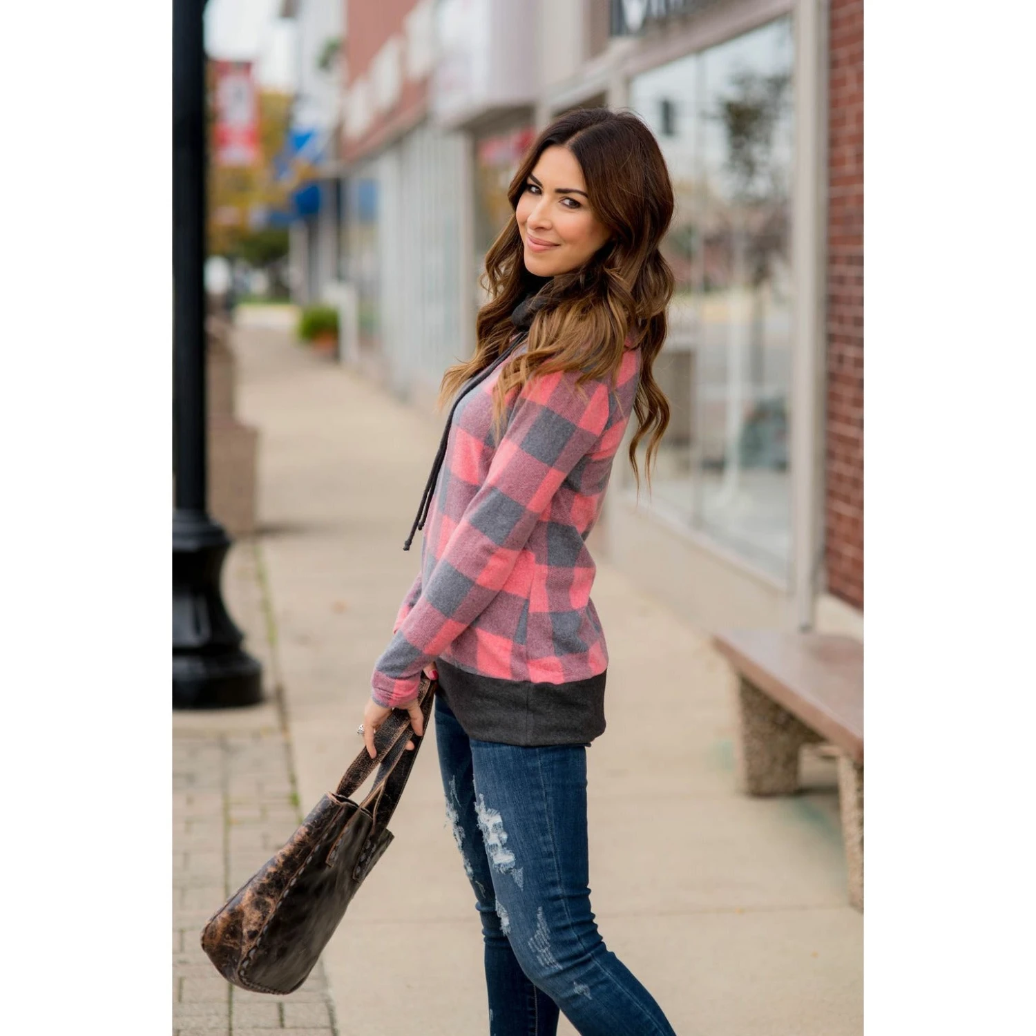 Buffalo Plaid Flutter Bottom Cowl Neck 2 Buffalo Plaid Flutter Bottom Cowl Neck - Image 2