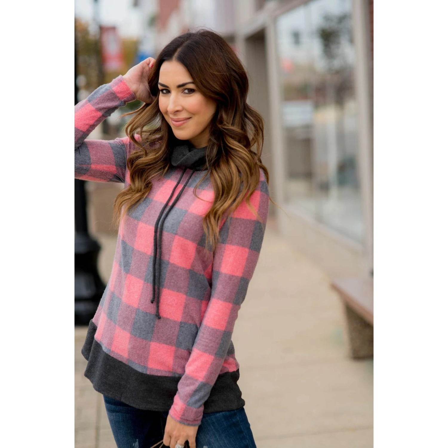 Buffalo Plaid Flutter Bottom Cowl Neck 3 Buffalo Plaid Flutter Bottom Cowl Neck - Image 3