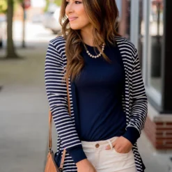 Thin Striped Solid Accent Tunic Cardigan -Women's Clothing Store BB 1143 626514