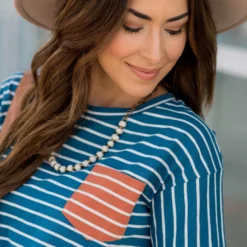 Contrasting Striped Pocket Tee -Women's Clothing Store BB 1289