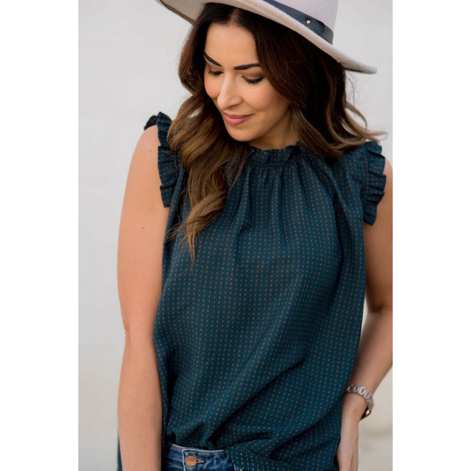 Printed Ruffle Sleeve Cinch Neck Tank 3 Printed Ruffle Sleeve Cinch Neck Tank - Image 3