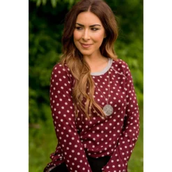 Solid Trimmed Long Sleeve Polka Dot Tee -Women's Clothing Store BB 1421 752821d2 f12f 4b02 9897 91cd87466a15