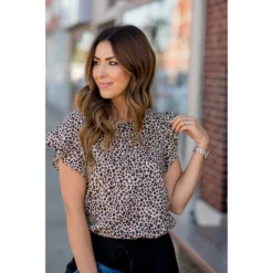 Ruffle Sleeve Mini Leopard Blouse -Women's Clothing Store BB 1548 aec10219 c0b6 4ba3 bc71 0ae0363fa55f