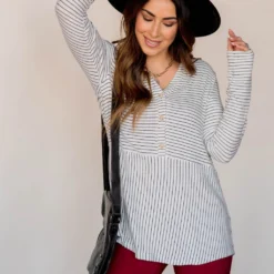 Triple Button Striped Peplum Tee