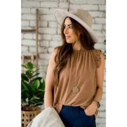 Textured Dot Ruffle Shoulder Tank