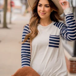 Striped Sleeve Pocket Sweatshirt -Women's Clothing Store BB 1886 264798