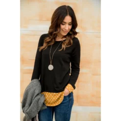 Black Polka Dot Accent Long Sleeve Tee -Women's Clothing Store BB 1980