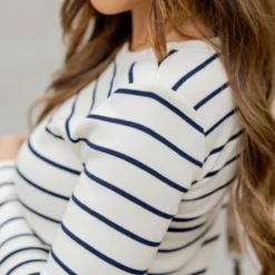 Classic Striped Side Slit Long Sleeve Tee -Women's Clothing Store BB 2033