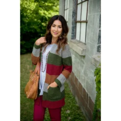 Olive/Burgundy/Camel Color Blocked Knit Cardigan