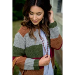 Olive/Burgundy/Camel Color Blocked Knit Cardigan -Women's Clothing Store BB 2053