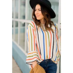 Multi Striped Flutter Blouse -Women's Clothing Store BB 2056