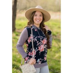 Striped Sleeve Floral Hoodie -Women's Clothing Store BB 2144 20f4d5bd 96e9 4f49 98c6 3e21293d5ab0