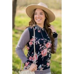 Striped Sleeve Floral Hoodie -Women's Clothing Store BB 2146 48ae0904 b757 4fbf a673 8ed1379f9a5c
