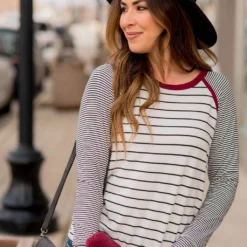 Multi Striped Solid Neck Long Sleeve Tee