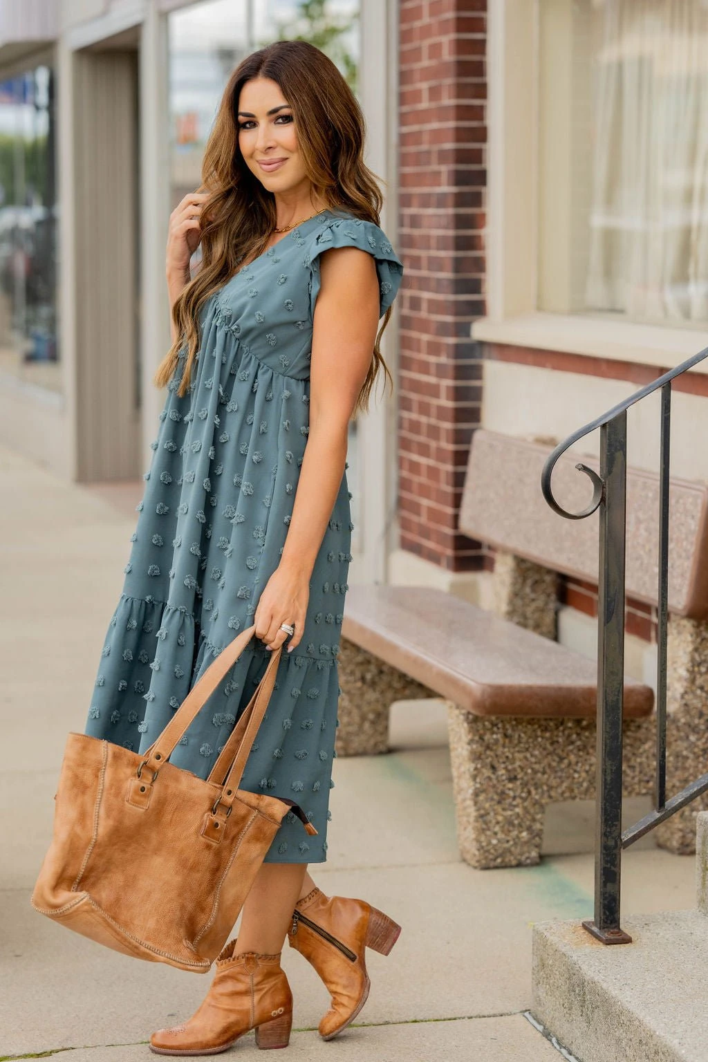 Textured Dot Ruffle Bottom V Midi Dress 8 Textured Dot Ruffle Bottom V Midi Dress - Image 8