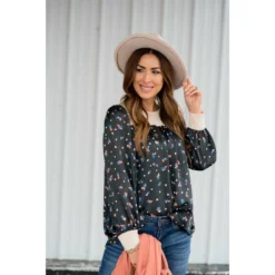 Solid Trim Patterned Blouse -Women's Clothing Store BB 2255 145bc684 52ad 450b bb38 542ef09b5ff3