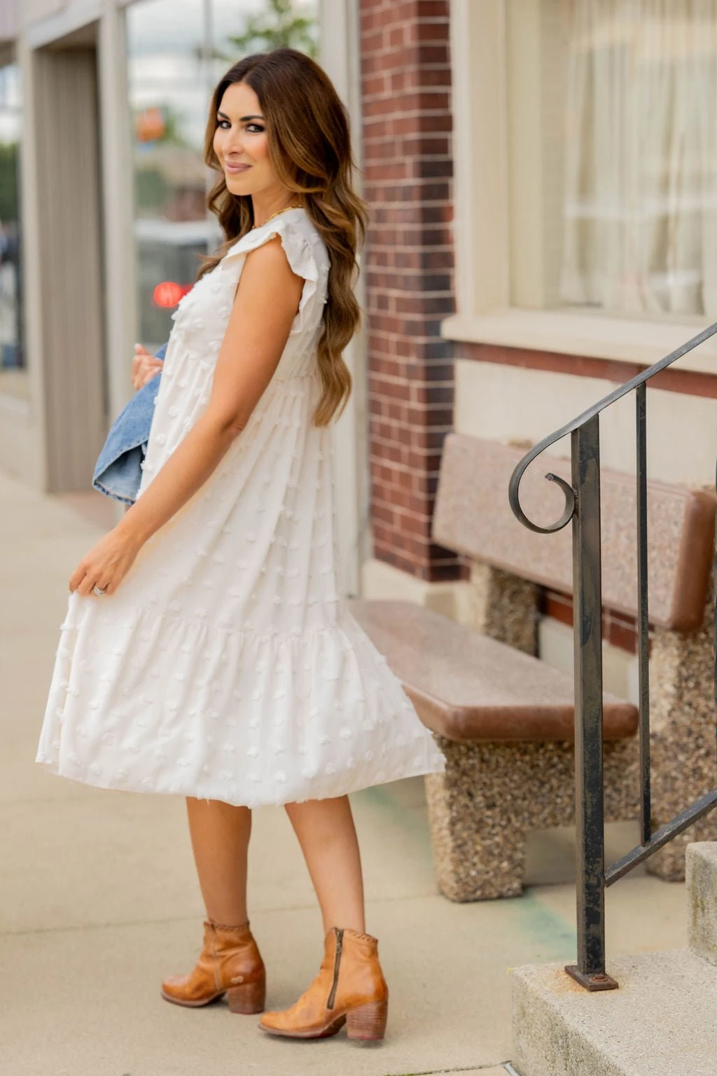 Textured Dot Ruffle Bottom V Midi Dress 1 Textured Dot Ruffle Bottom V Midi Dress