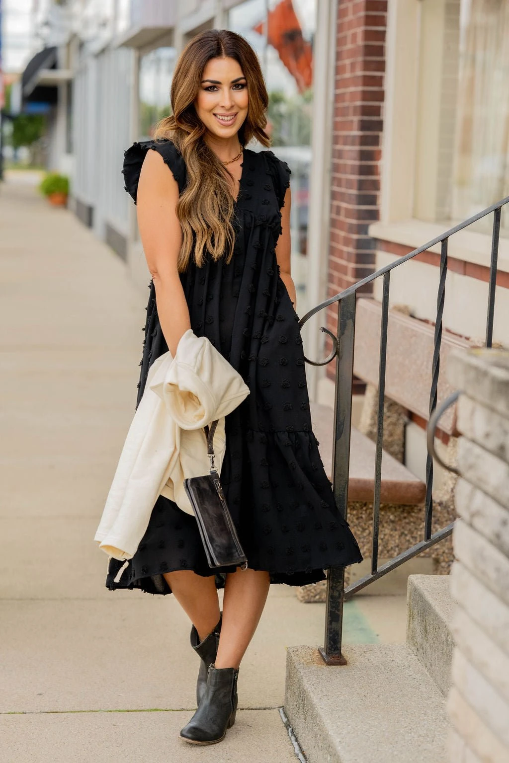 Textured Dot Ruffle Bottom V Midi Dress 5 Textured Dot Ruffle Bottom V Midi Dress - Image 5